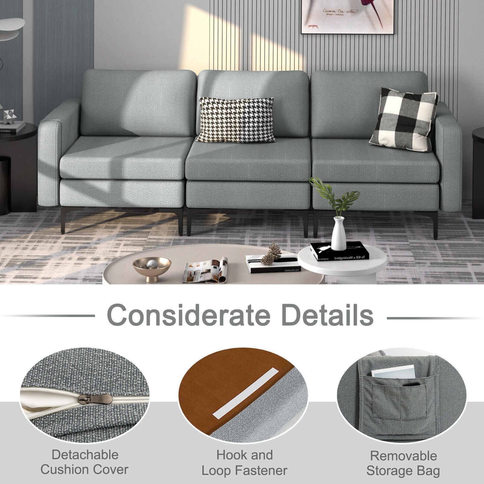 Convertible Sofa Couch with Magazine Pockets 3-Seat with 2 USB Port New Era Fashion LLc