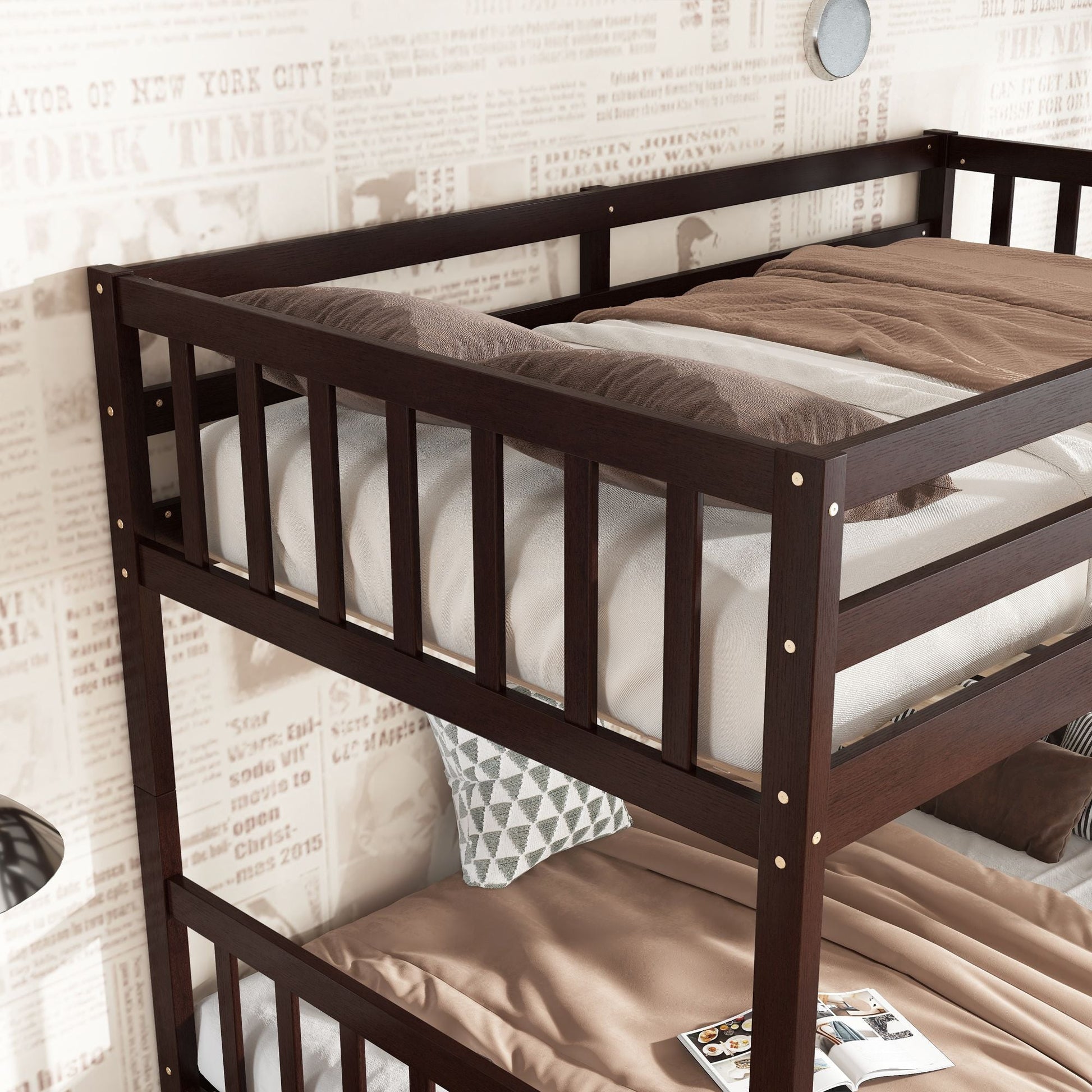 Twin Over Twin Rubber Wood Bunk Bed with 2 Drawers, Convertible into 2 Twin Beds, Twin Size Bunk Bed with Ladder and Safety Guardrails New Era Fashion LLc
