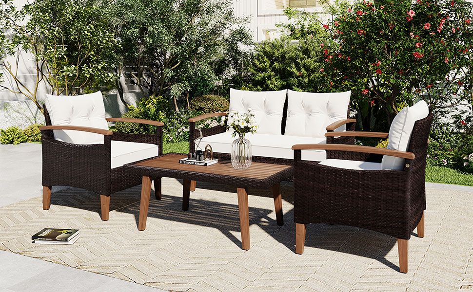 4-Piece Garden Furniture; Patio Seating Set; PE Rattan Outdoor Sofa Set; Wood Table and Legs; Brown and Beige New Era Fashion LLc