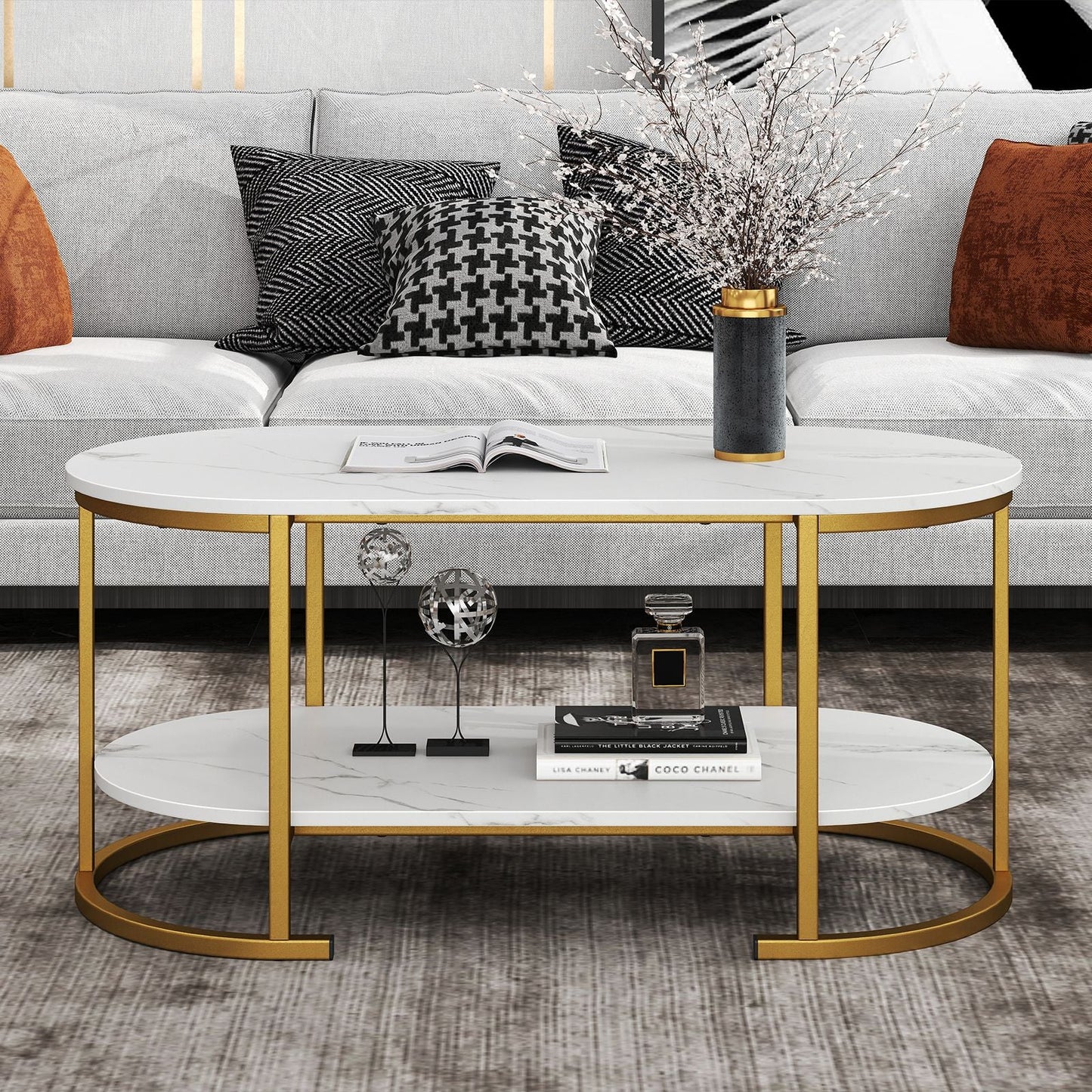 Marble Coffee Table with Open Storage Shelf New Era Fashion LLc