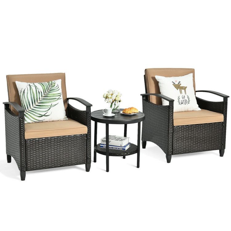 3 Pieces Patio Rattan Furniture Set Cushioned Sofa Storage Table with Shelf Garden New Era Fashion LLc
