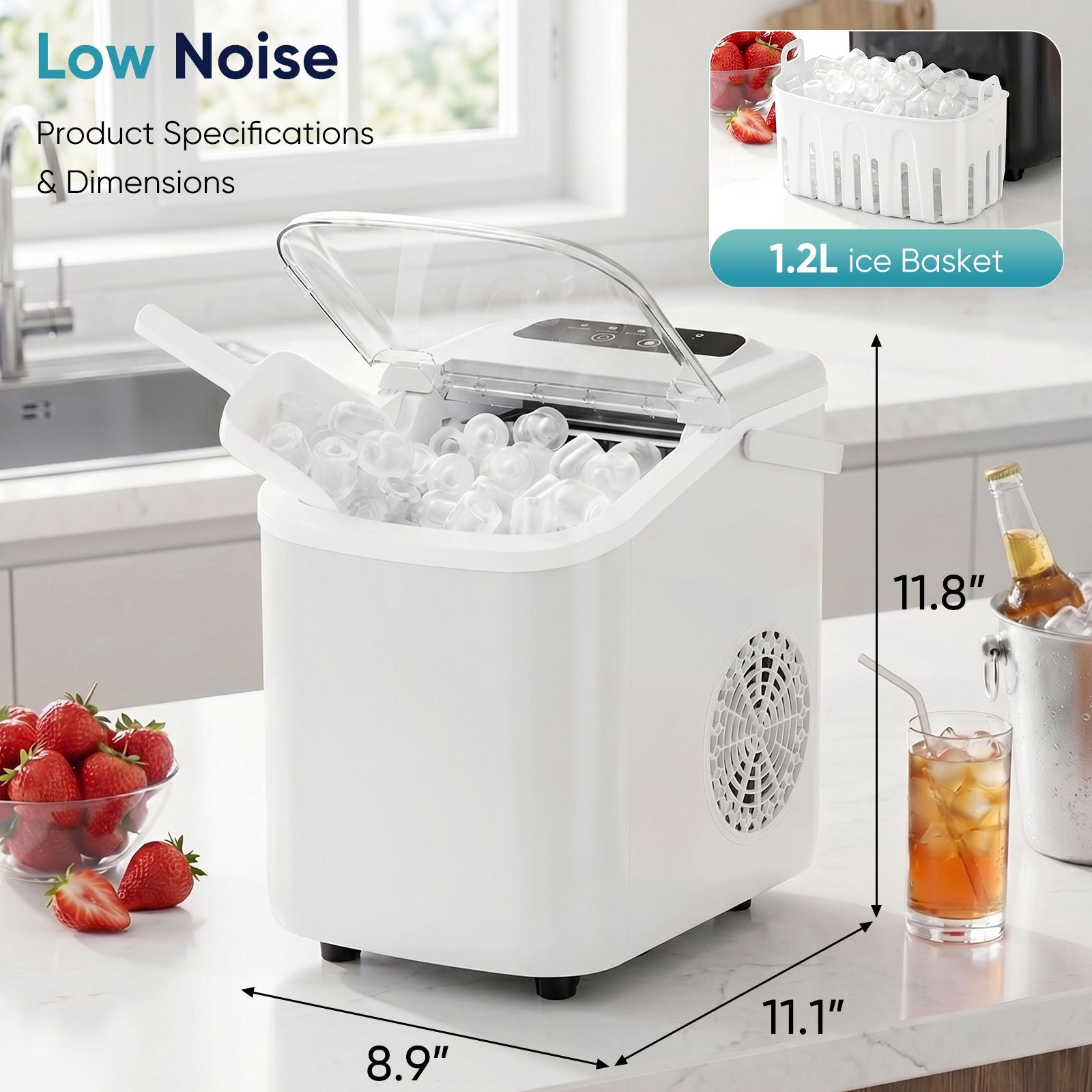 Desktop ice maker, with movable handle, can produce 9 ice balls in 6 to 8 minutes, equipped with a basket and a spoon New Era Fashion LLc