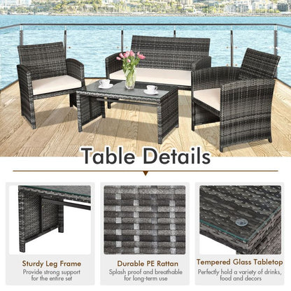 4 Pieces Patio Rattan Furniture Set with Glass Table and Loveseat New Era Fashion LLc
