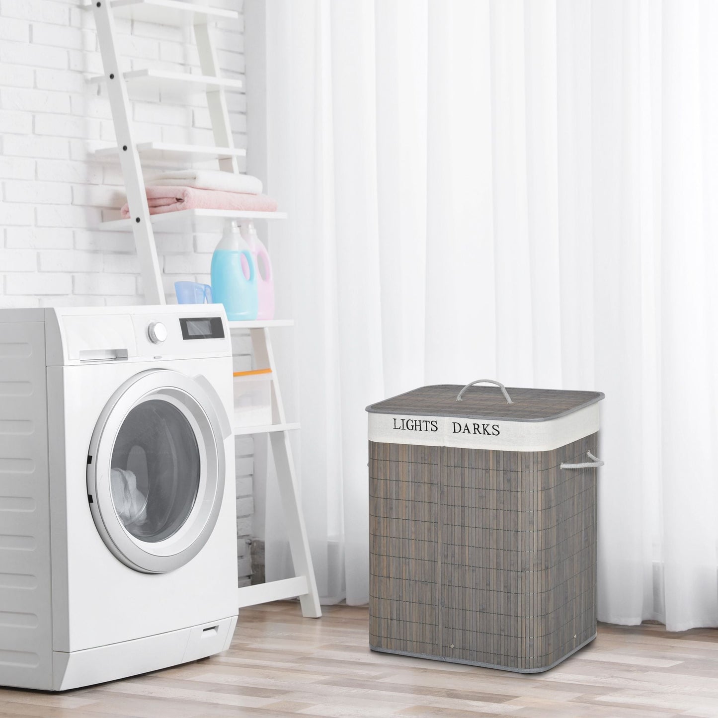 26.4-Gals Bamboo Laundry Hamper with Lid and Handles, 2-Section Collapsible Laundry Basket, Gray New Era Fashion LLc