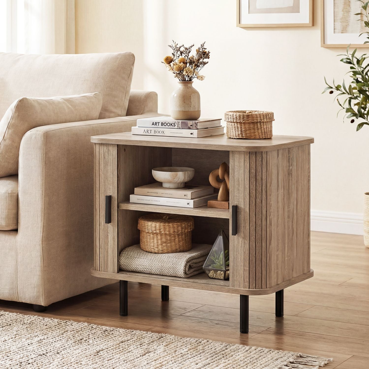 End Table Modern Mid Century Nightstand with Sliding Tambour Doors and Storage Shelf New Era Fashion LLc