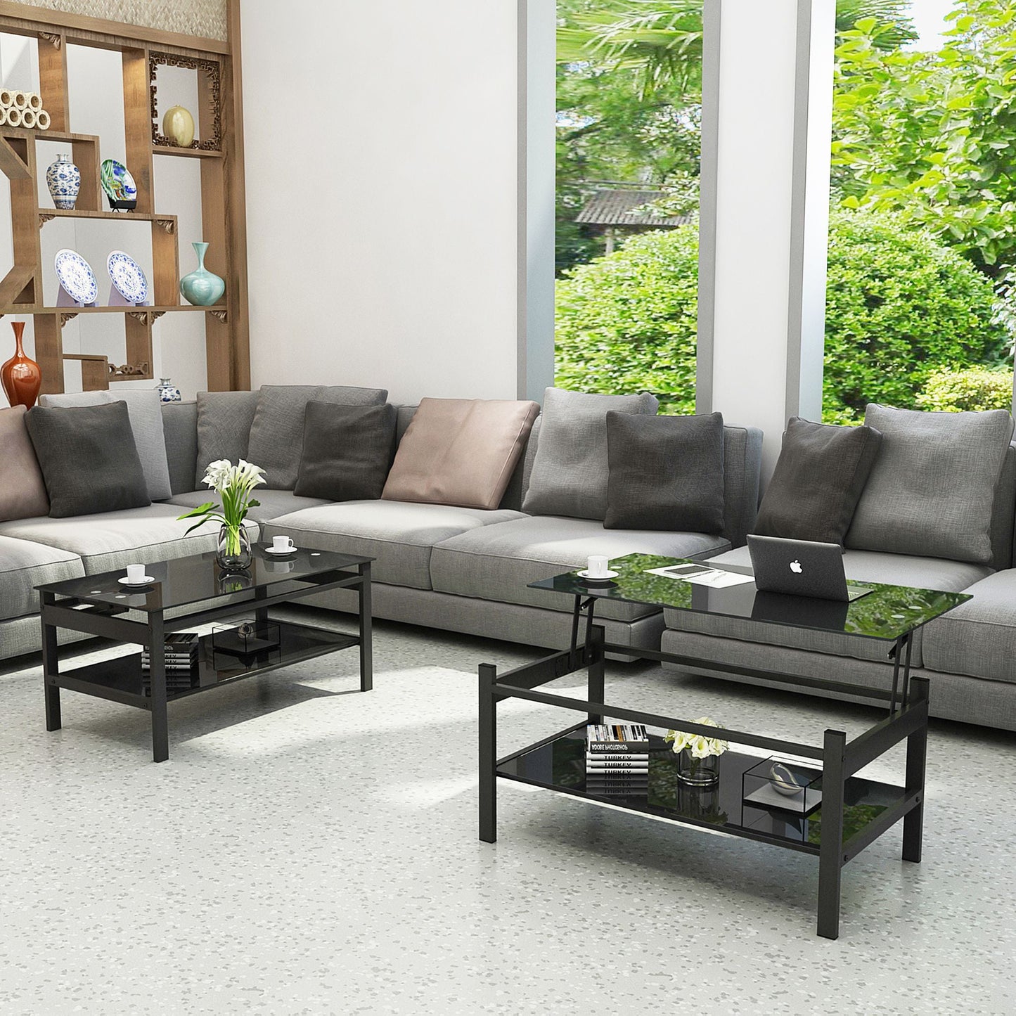 Glass Lift Top Coffee Table;  Modern Simple 2-Layer Tempered Glass Coffee Table for Living Room;  Black New Era Fashion LLc