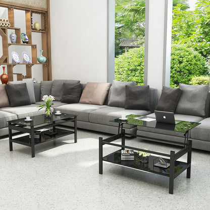 Glass Lift Top Coffee Table;  Modern Simple 2-Layer Tempered Glass Coffee Table for Living Room;  Black New Era Fashion LLc