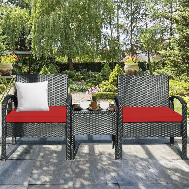 3 Pieces Outdoor Rattan Patio Conversation Set with Seat Cushions New Era Fashion LLc