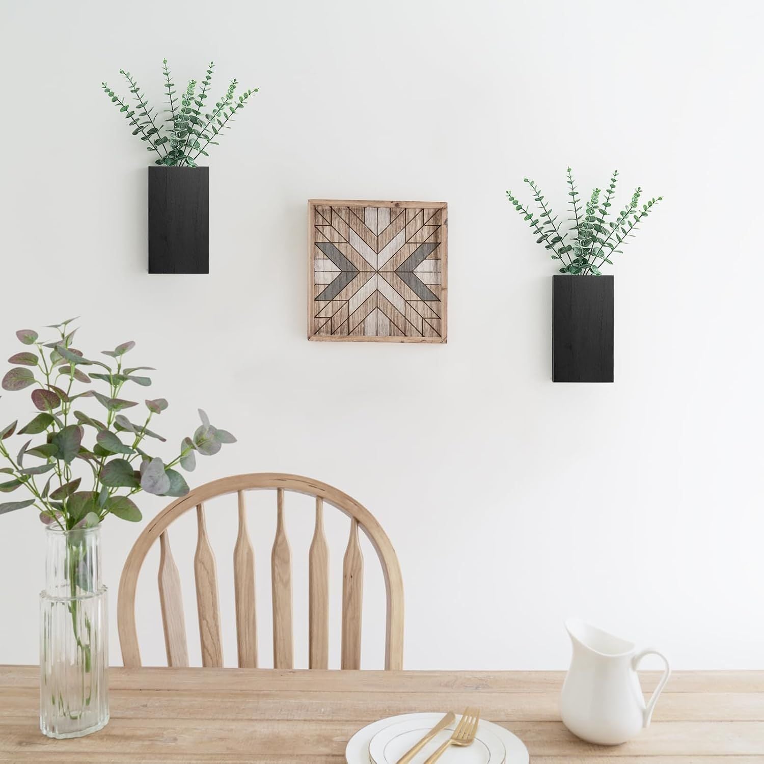 2 Pack Wood Wall Planter Vase with Artificial Eucalyptus Farmhouse Wall Hanging Decor Pocket Planter for Indoor Fake Plants Greenery, Living Room Bedroom Kitchen Home Office Decoration, Black New Era Fashion LLc