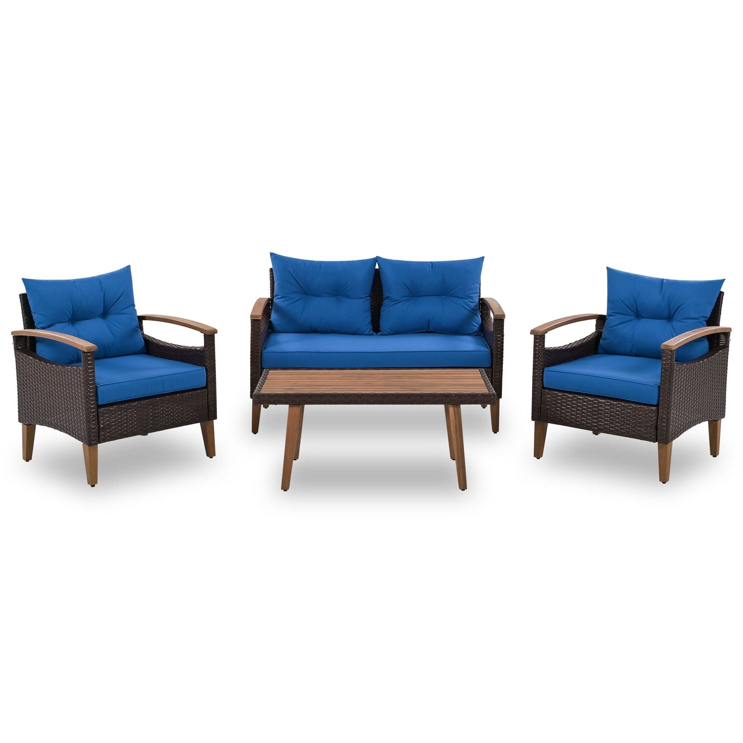 4-Piece Garden Furniture; Patio Seating Set; PE Rattan Outdoor Sofa Set; Wood Table and Legs; Brown and Beige New Era Fashion LLc