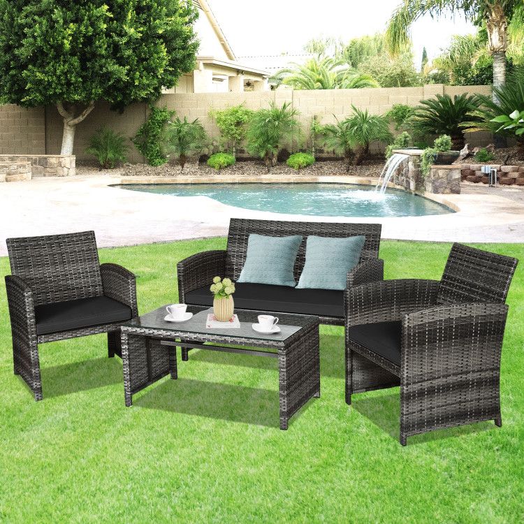 4 Pieces Patio Rattan Furniture Set with Glass Table and Loveseat New Era Fashion LLc