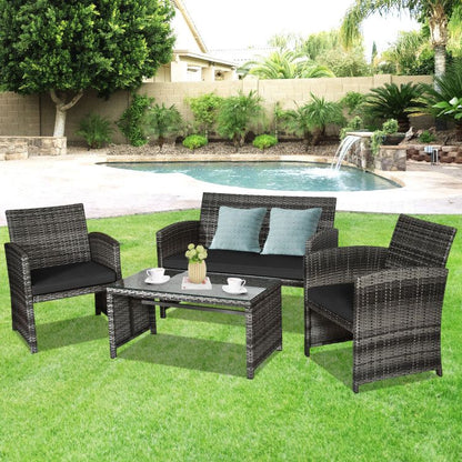 4 Pieces Patio Rattan Furniture Set with Glass Table and Loveseat New Era Fashion LLc