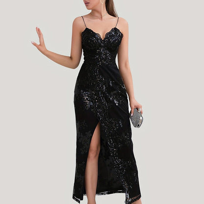 Floral Sequined Dress, Sexy Spaghetti Strap Sleeveless Party Dress, Women's Clothing New Era Fashion LLc