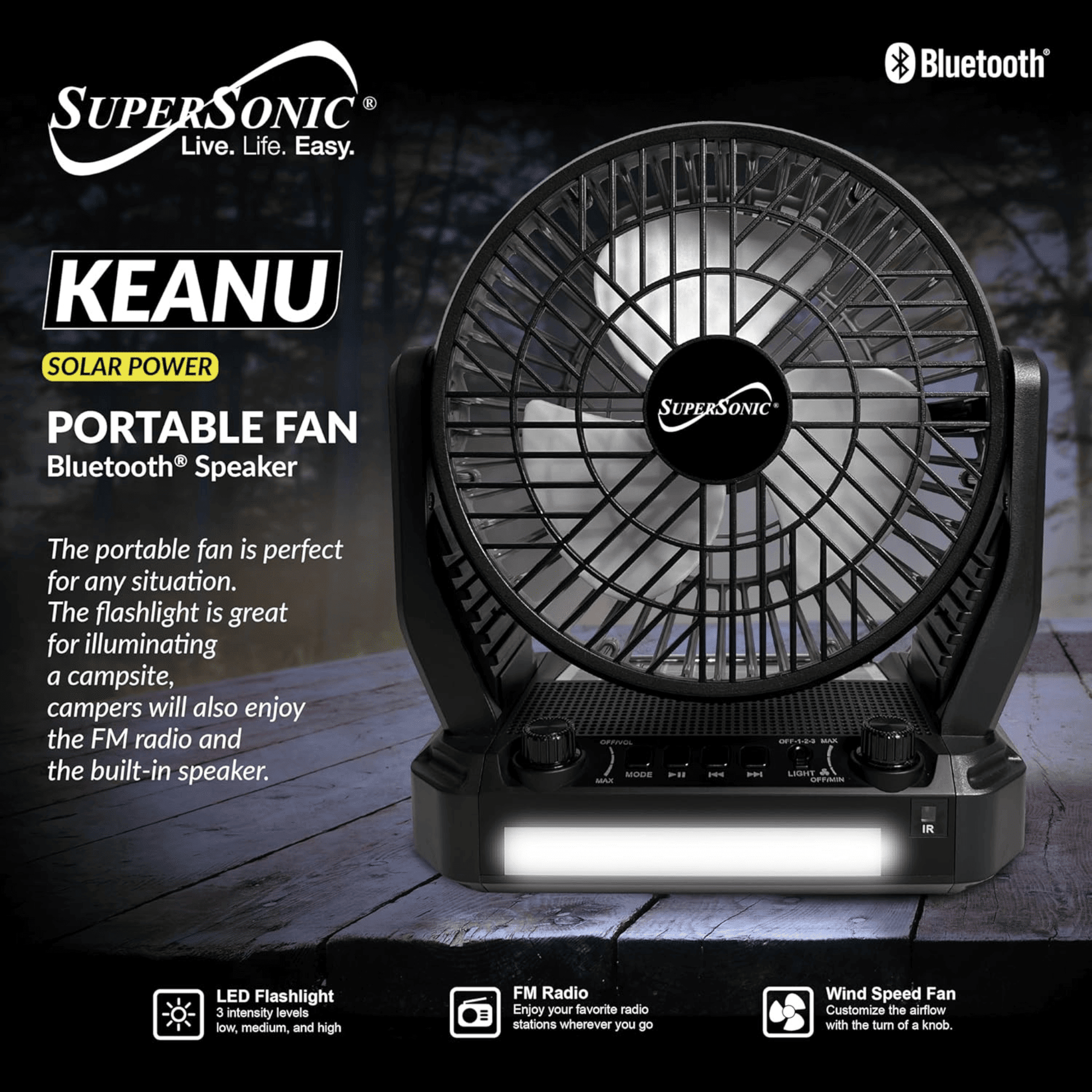 Supersonic Solar-Powered BT Speaker with FM Radio, LED Flashlight & Fan New Era Fashion LLc