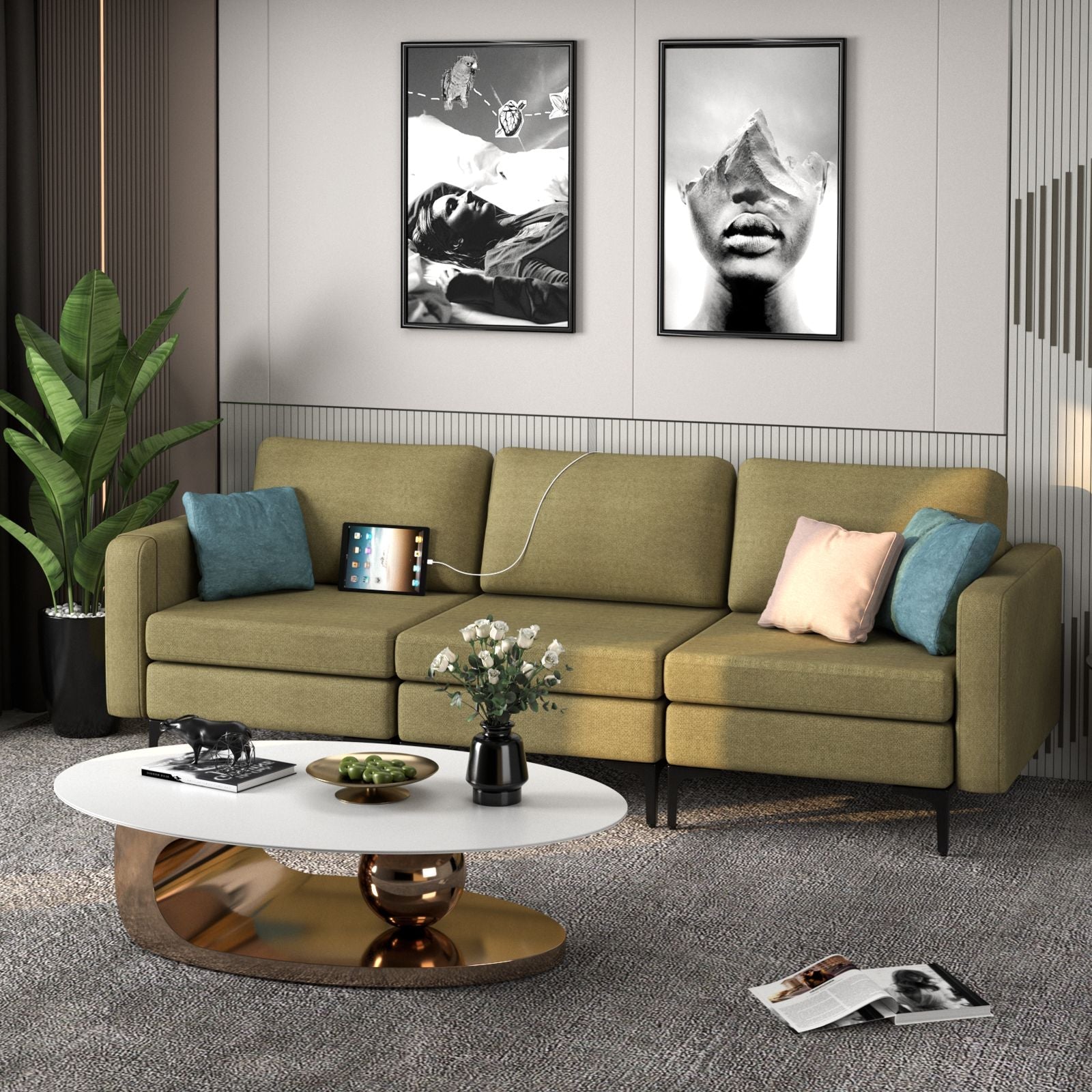 Convertible Sofa Couch with Magazine Pockets 3-Seat with 2 USB Port New Era Fashion LLc