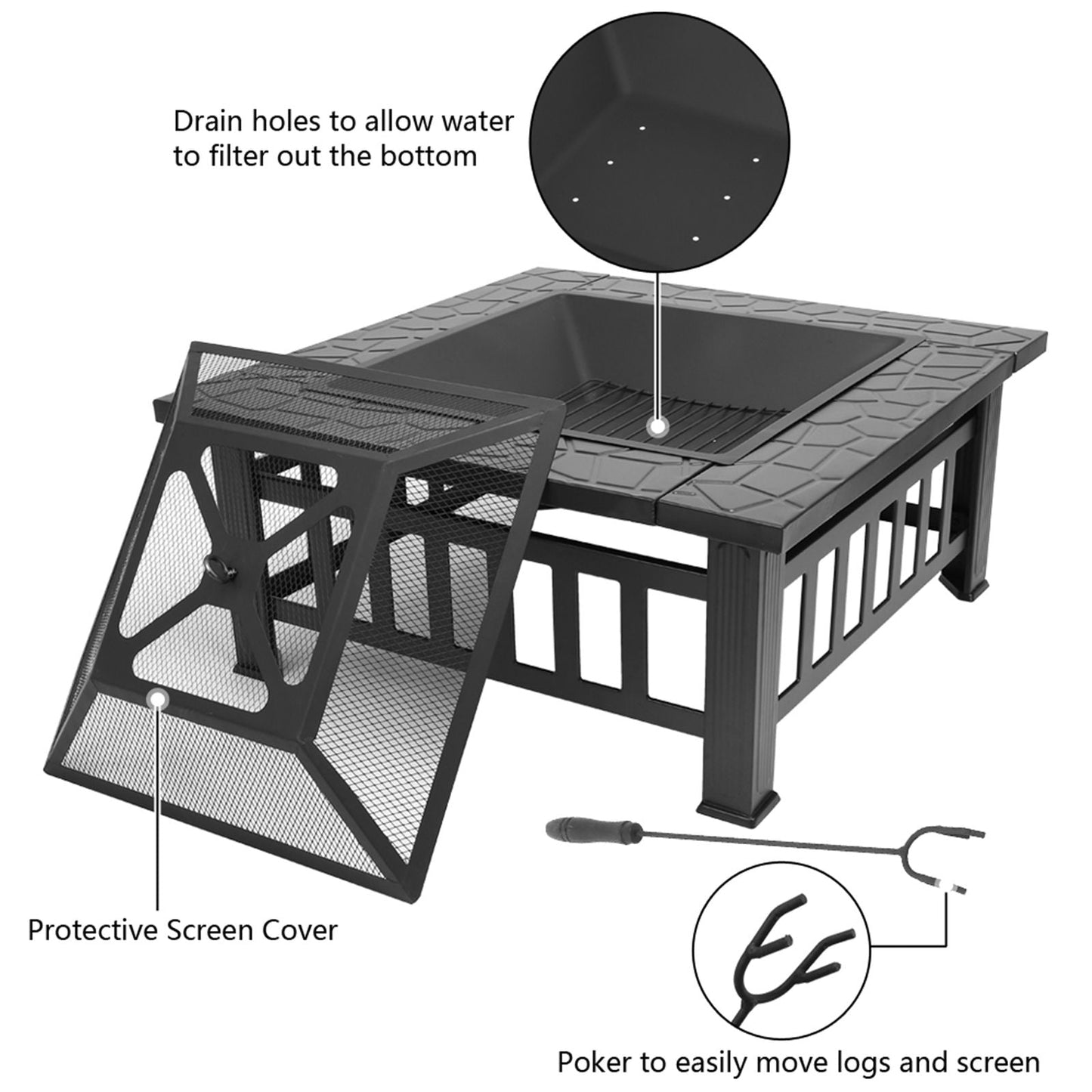 Portable Courtyard Metal Fire Pit with Accessories Black New Era Fashion LLc