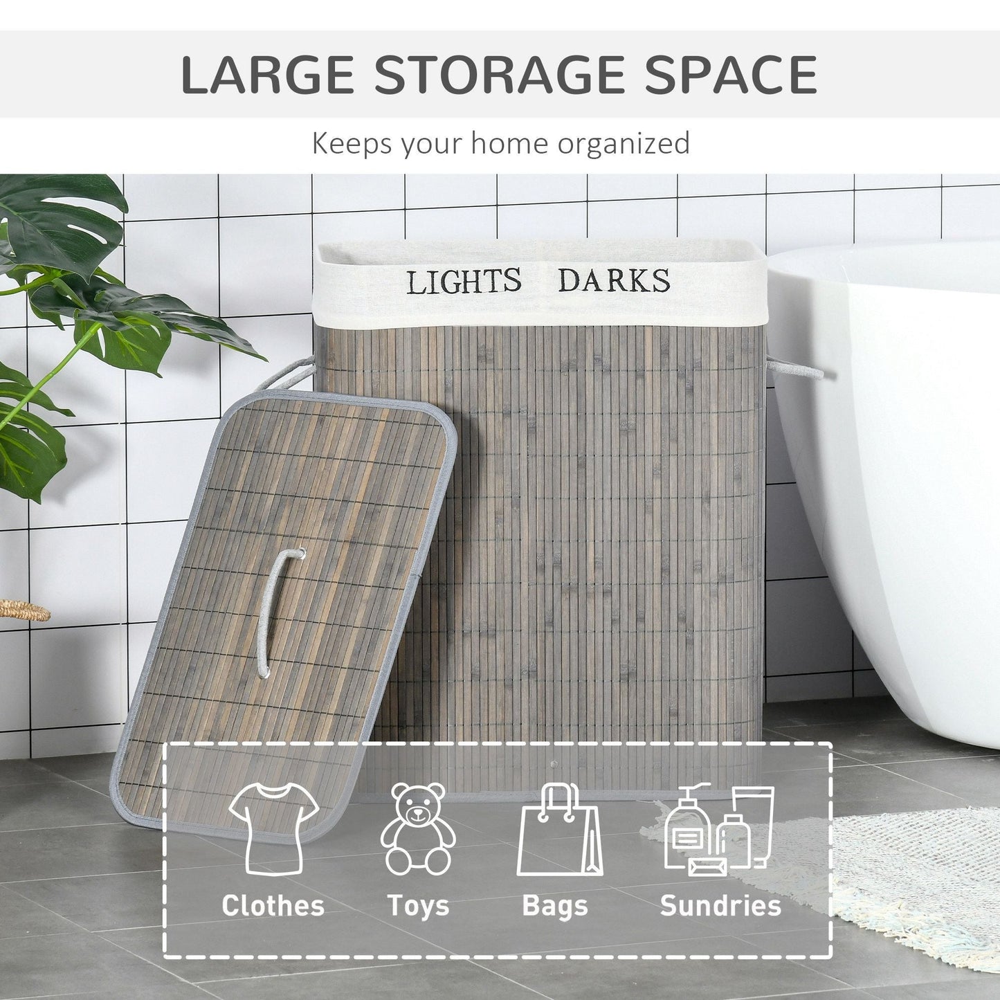 26.4-Gals Bamboo Laundry Hamper with Lid and Handles, 2-Section Collapsible Laundry Basket, Gray New Era Fashion LLc