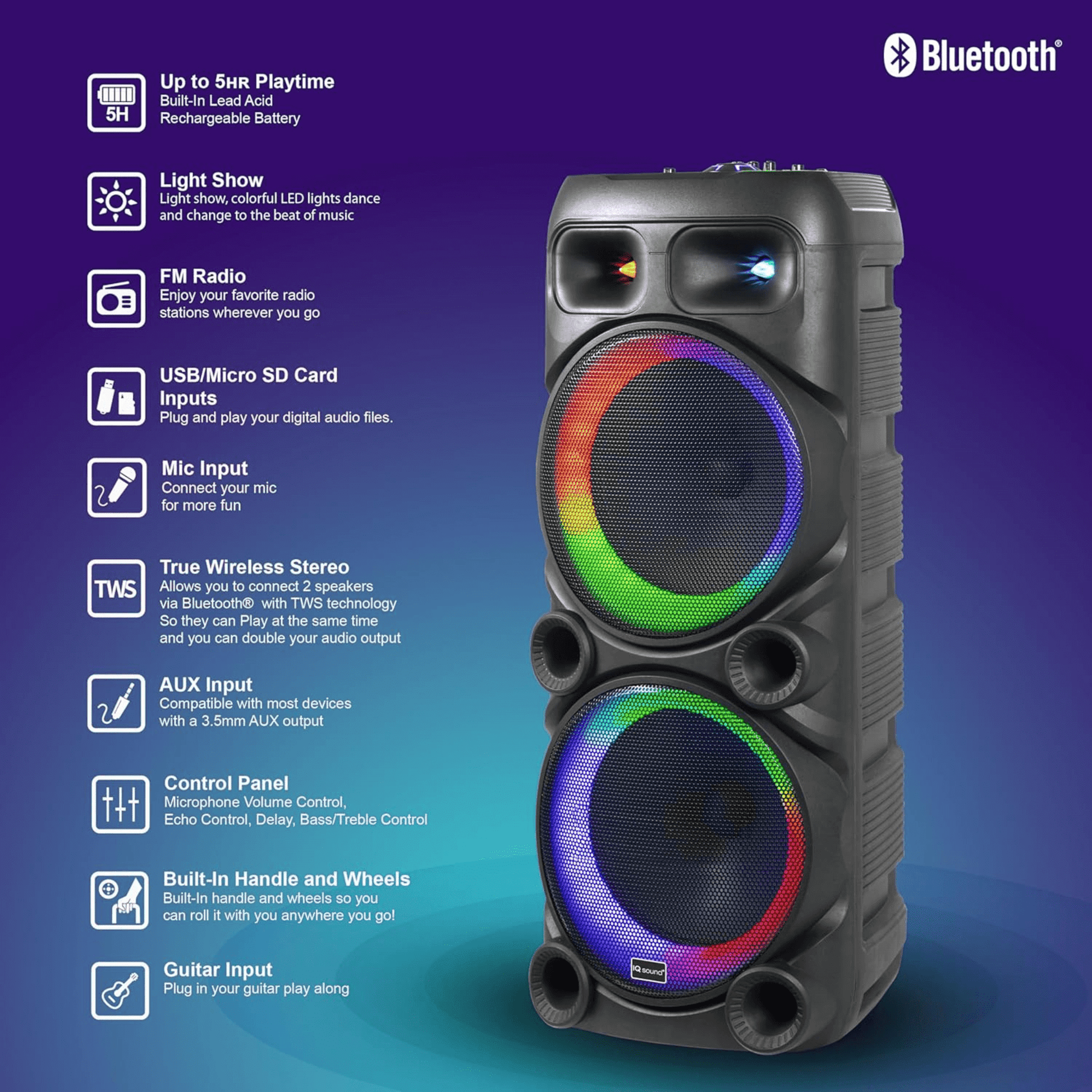 IQ Sound 2x12-Inch Portable Bluetooth Party Speaker New Era Fashion LLc