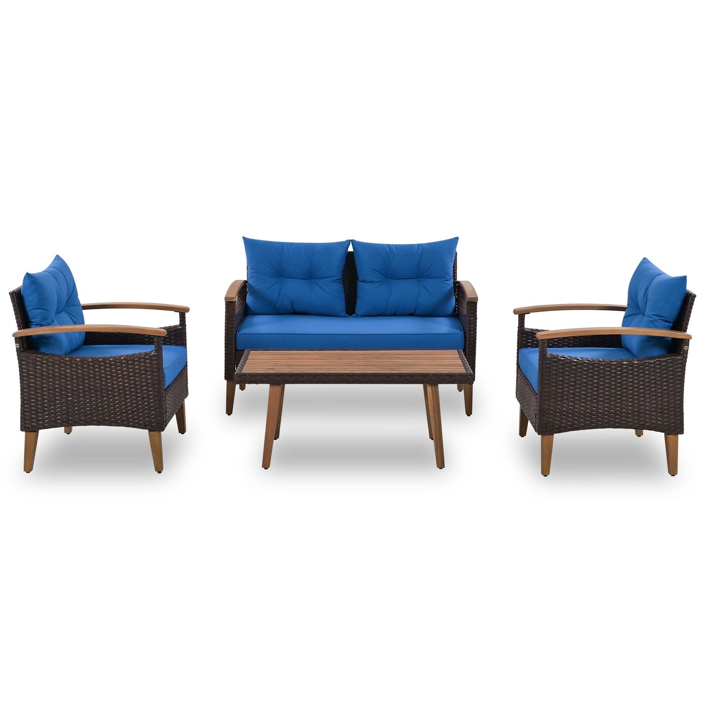 4-Piece Garden Furniture; Patio Seating Set; PE Rattan Outdoor Sofa Set; Wood Table and Legs; Brown and Beige New Era Fashion LLc