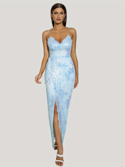 Floral Sequined Dress, Sexy Spaghetti Strap Sleeveless Party Dress, Women's Clothing New Era Fashion LLc