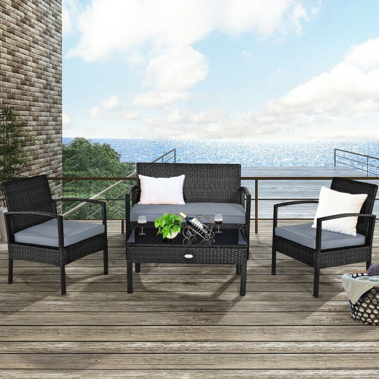 4 Pieces Patio Rattan Cushioned Furniture Set with Loveseat and Table Outdoor Conversation Sets New Era Fashion LLc