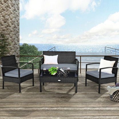 4 Pieces Patio Rattan Cushioned Furniture Set with Loveseat and Table Outdoor Conversation Sets New Era Fashion LLc