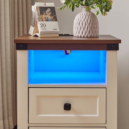 Farmhouse Side Table with Charging Station, Antique Nightstands with Drawers, Bedside Table with Open Shelf for Bedroom New Era Fashion LLc