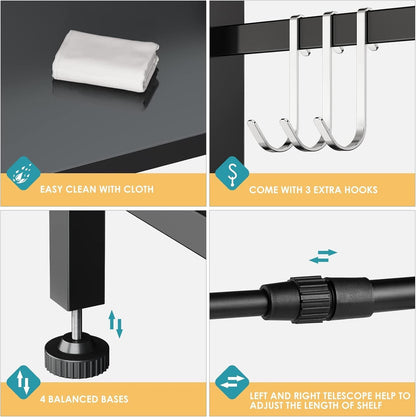 Expandable Microwave Stand Countertop Kitchen Utensils Tableware Storage, Carbon Steel Over Microwave Shelf Countertop with 3 Hooks New Era Fashion LLc