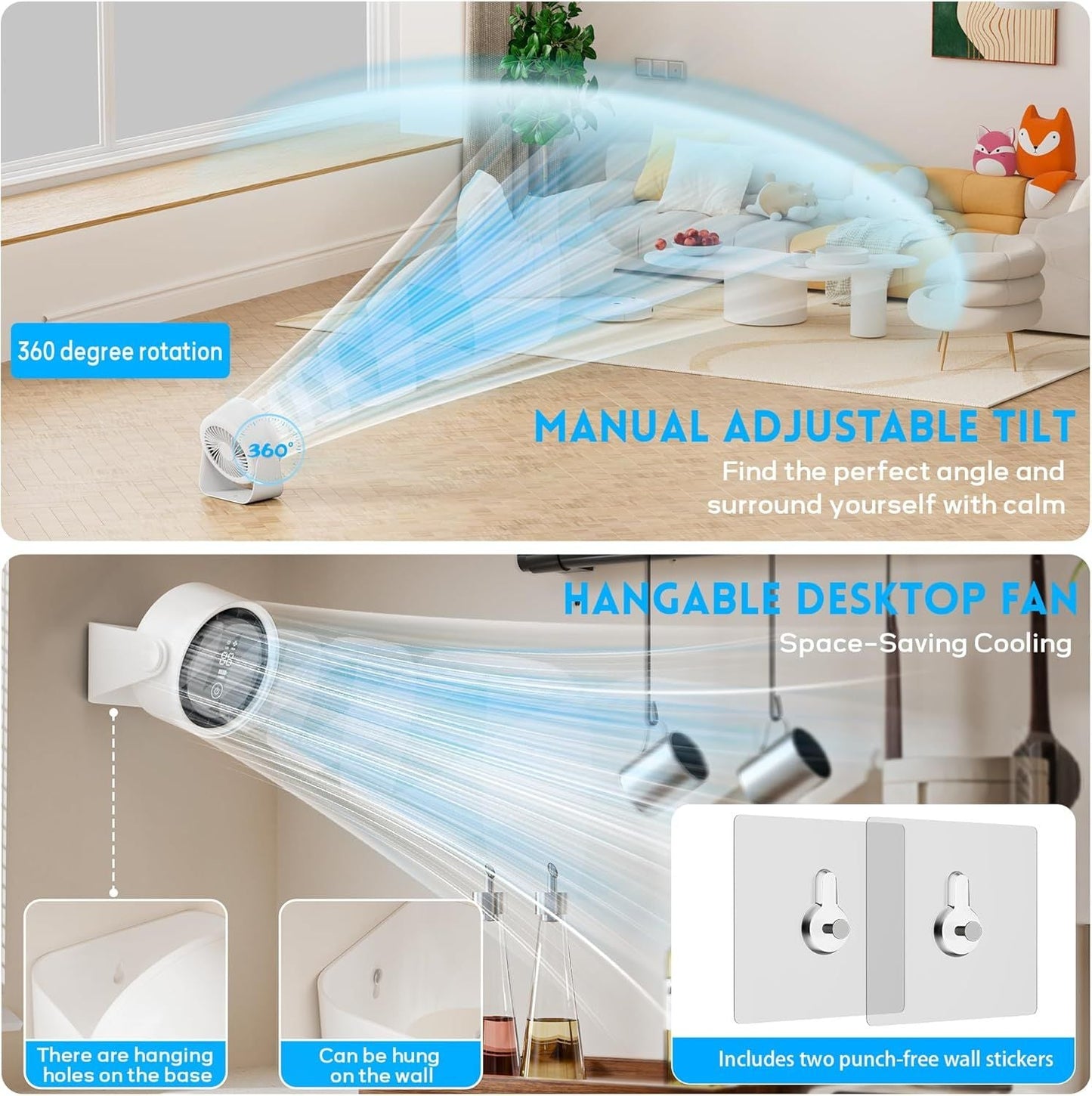 Small Desk Fan 5000mAh Rechargeable Battery Powered -Retro Low Noise Quiet Portable Gentle Blowing with LED Night Light Office Bedroom Table Top Wall Hanging Kitchen Camping Dorm 5-Speed 360° Rotation New Era Fashion LLc