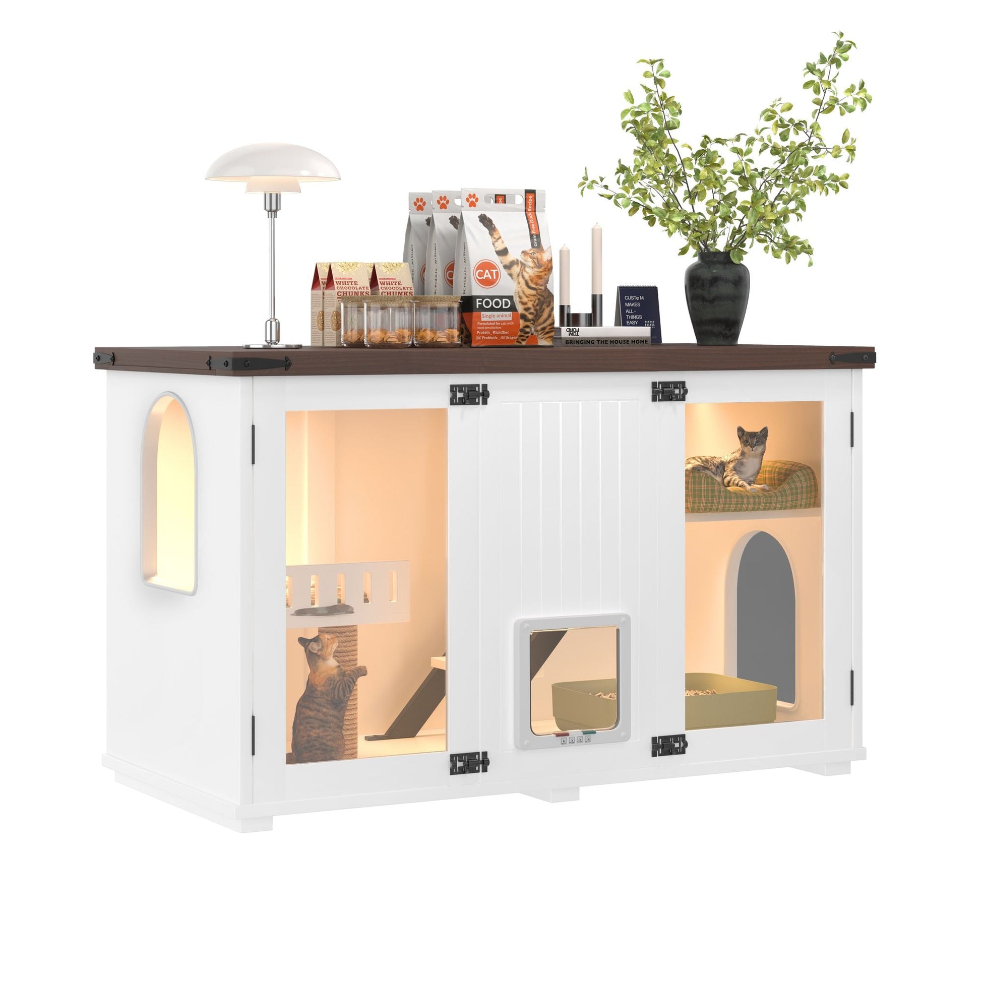 47.25" Large Cat Litter Box Enclosure with LED Light, Hidden Litter Box Furniture, Cat House with Stairs and Cat Scratching Post, Cat Cabinet Side Table with Smart Doors for Living Room New Era Fashion LLc