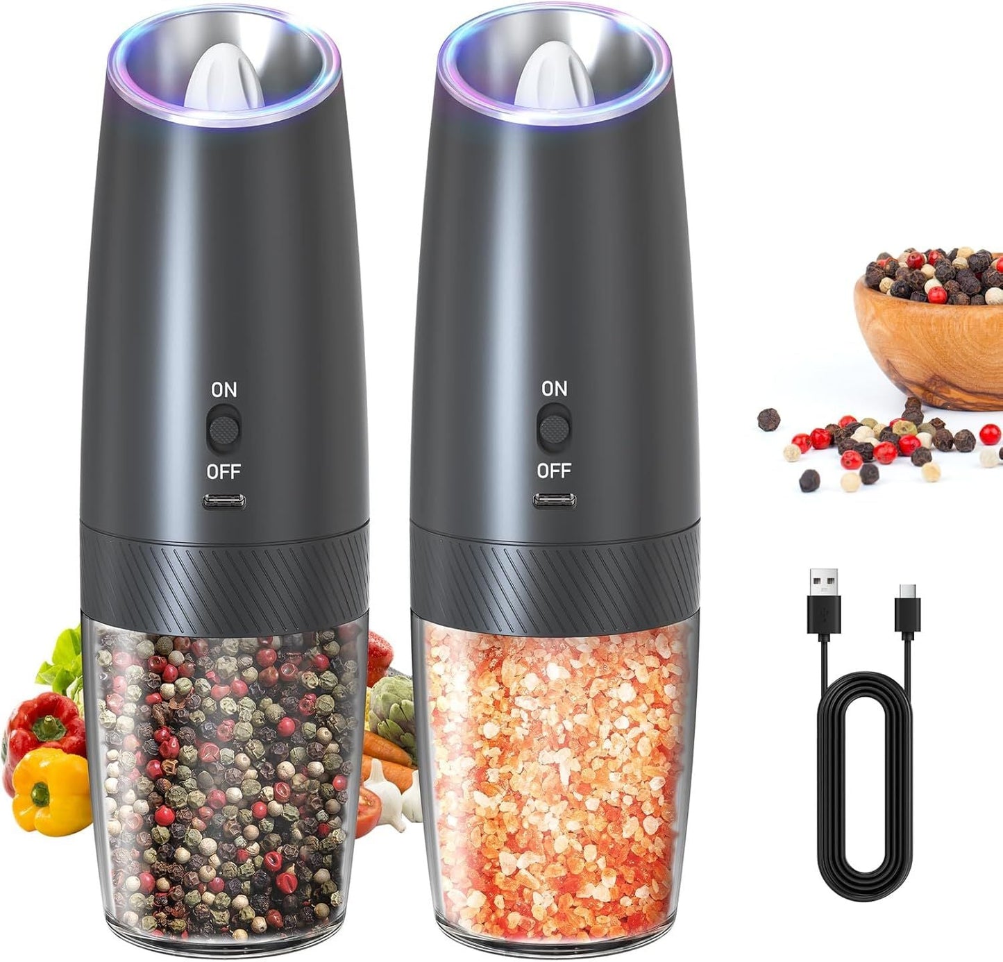 Rechargeable Electric Salt and Pepper Grinder Set Gravity Salt and Pepper Mills Set with LED Light, No Battery Needed, Adjustable Coarseness, Washable 135ml Container, Black New Era Fashion LLc