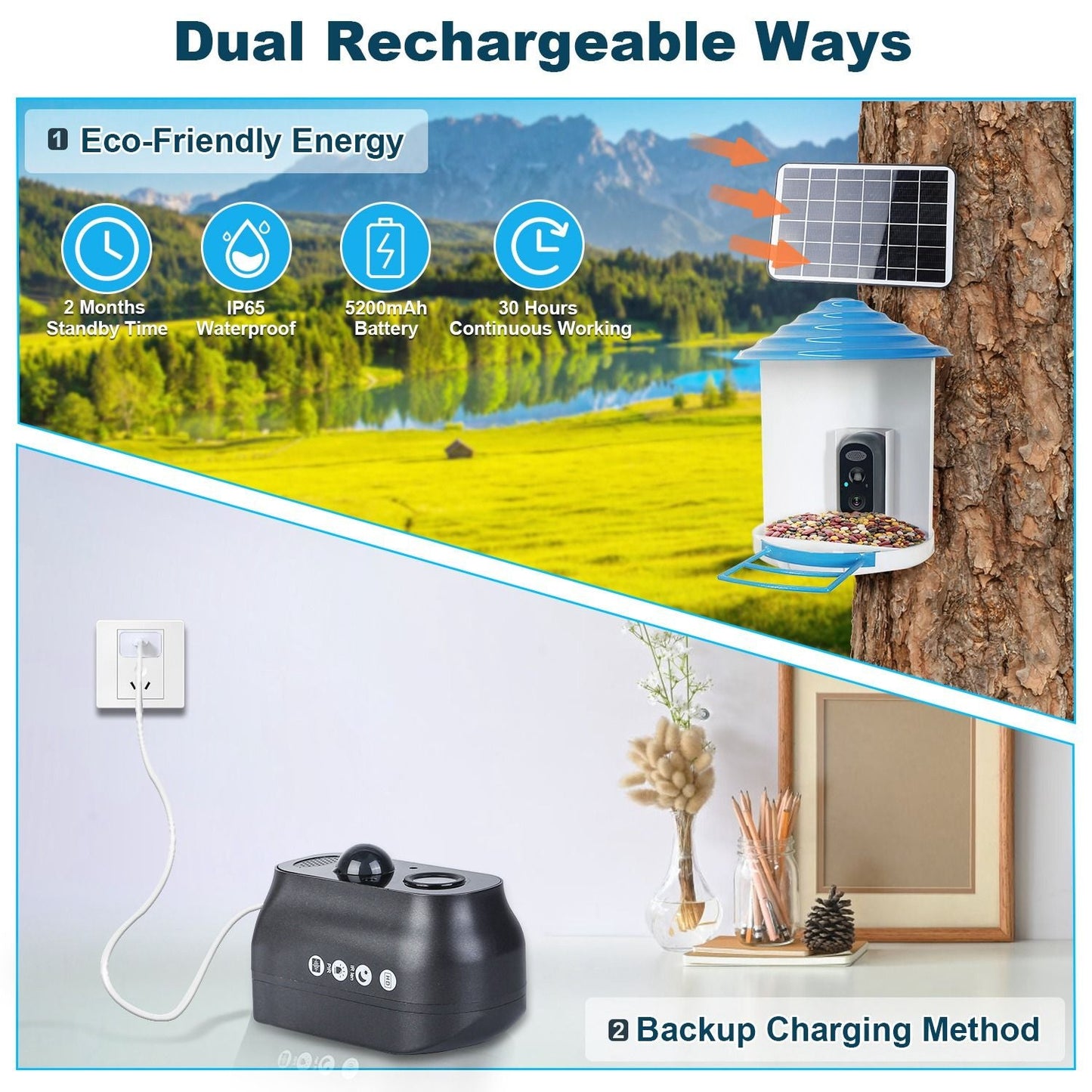 Smart Bird Feeder with Solar Powered Camera 1080P HD AI Identify PIR Motion Auto Capture Video Cloud Card Storage WiFi Connection App Control IP65 Waterproof New Era Fashion LLc