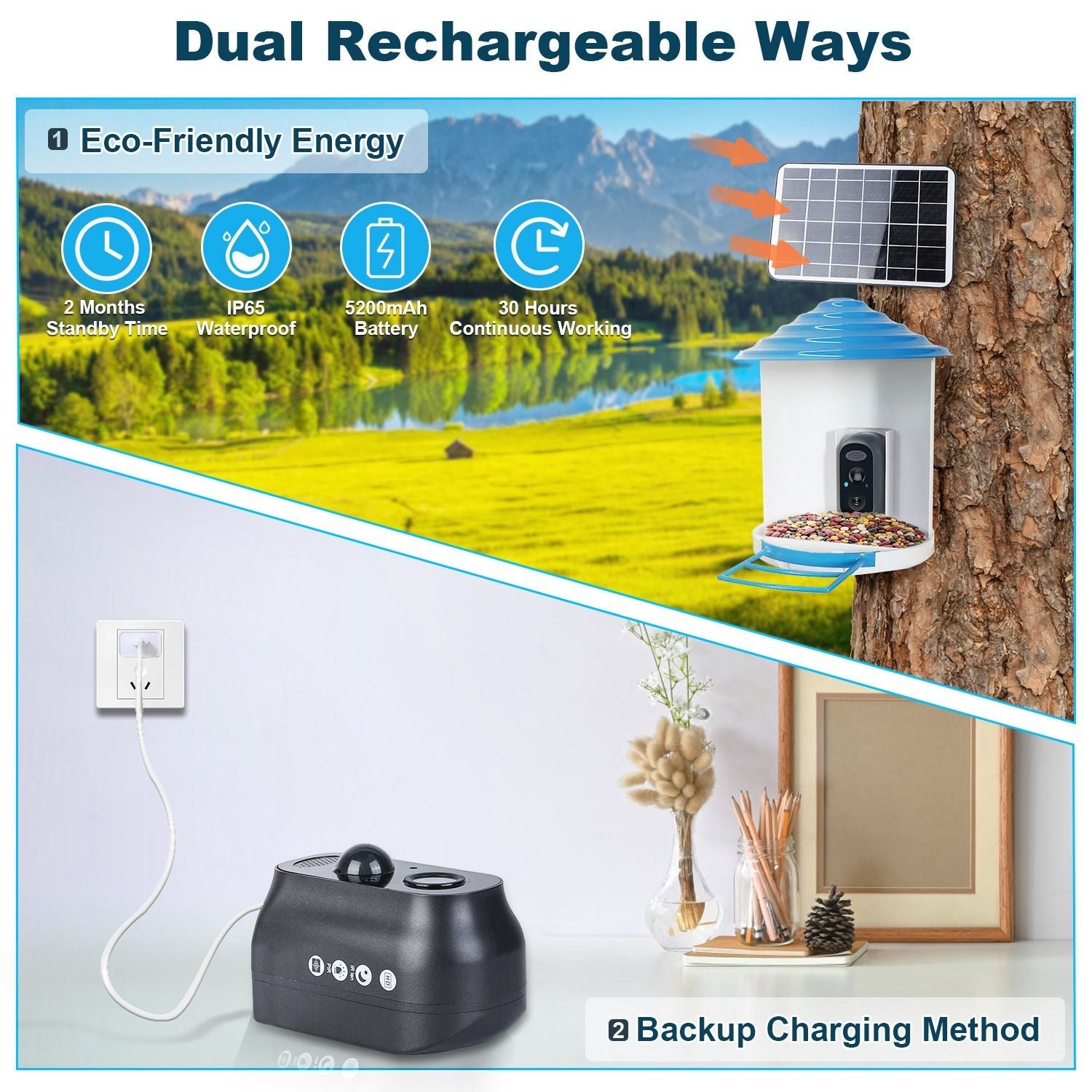 Smart Bird Feeder with Solar Powered Camera 1080P HD AI Identify PIR Motion Auto Capture Video Cloud Card Storage WiFi Connection App Control IP65 Waterproof New Era Fashion LLc