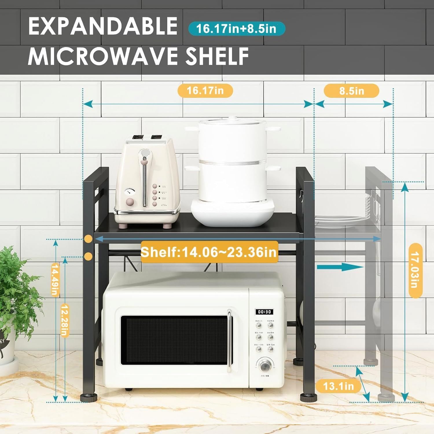Expandable Microwave Stand Countertop Kitchen Utensils Tableware Storage, Carbon Steel Over Microwave Shelf Countertop with 3 Hooks New Era Fashion LLc