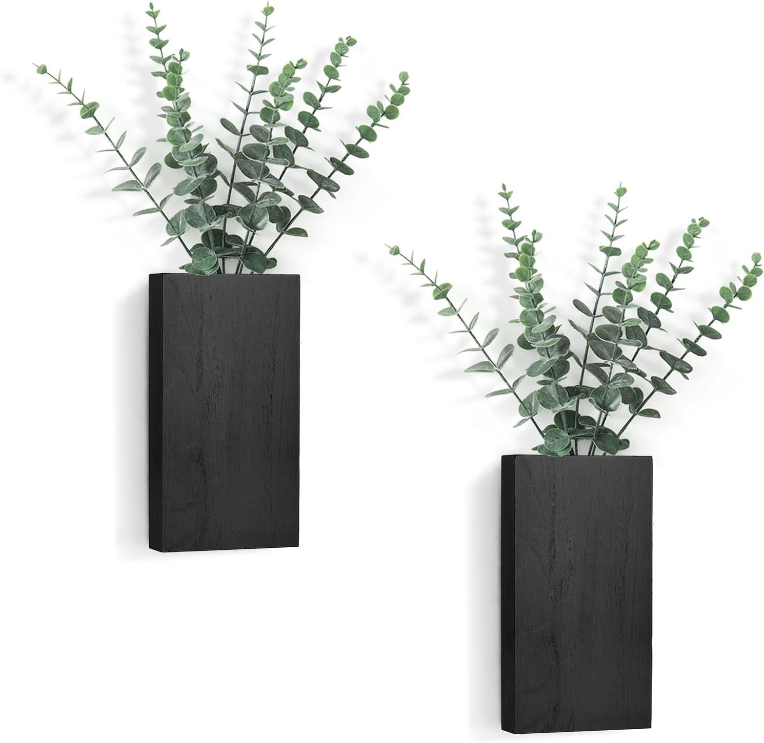 2 Pack Wood Wall Planter Vase with Artificial Eucalyptus Farmhouse Wall Hanging Decor Pocket Planter for Indoor Fake Plants Greenery, Living Room Bedroom Kitchen Home Office Decoration, Black New Era Fashion LLc