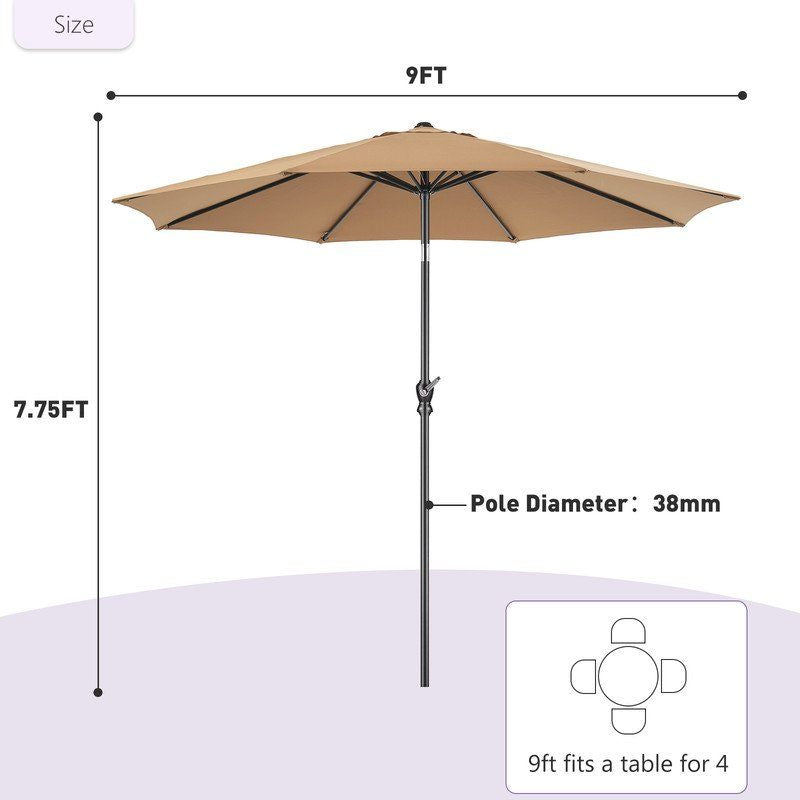 9FT Outdoor Patio Umbrella Outdoor Table Umbrella with Push Button Tilt and Crank, Market Umbrella 8 Sturdy Ribs UV Protection Waterproof for Garden, Khaki-New New Era Fashion LLc