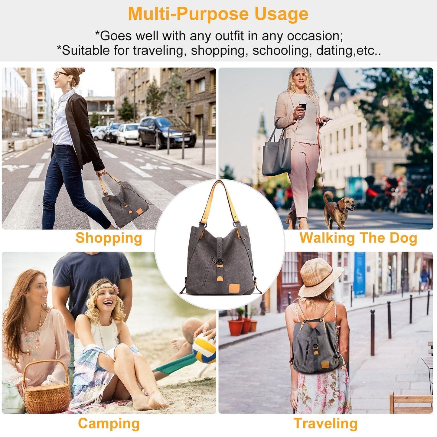 Ladies Canvas Tote Bag Multifunctional Purse Handbag Adjustable Shoulder Rucksack Convertible Backpack Wear-Resistant Dirt-Proof For Women School Office Travel New Era Fashion LLc