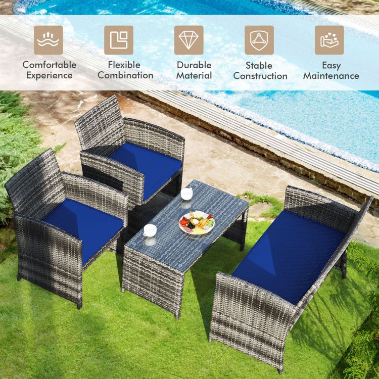 4 Pieces Patio Rattan Furniture Set with Glass Table and Loveseat New Era Fashion LLc