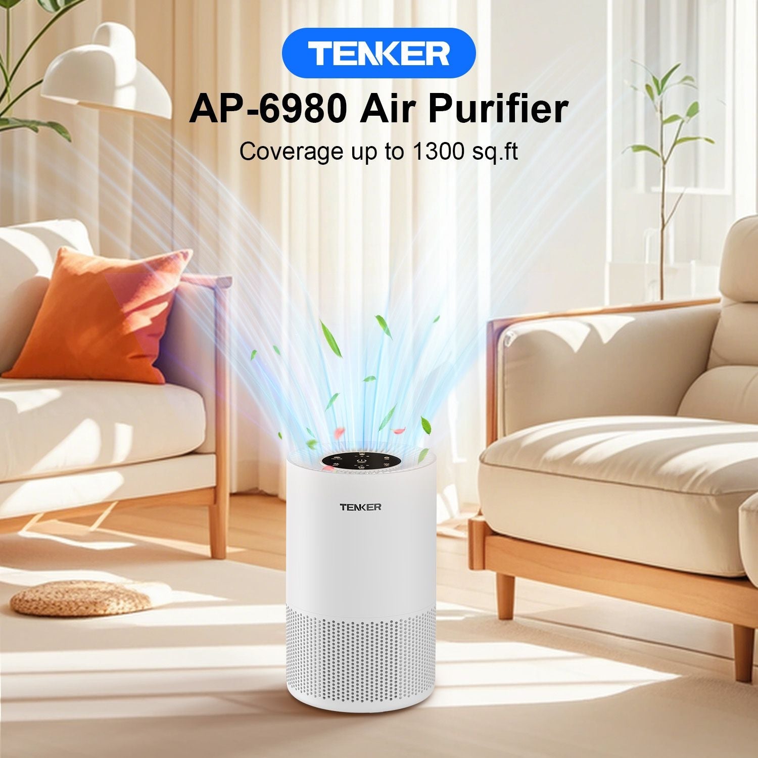 TENKER AP-6980 Air Purifier White US 1300ft² Large Rooms H13 Heap 3-Stage Filtration 3 Speeds 3 Timer w/Light Air Cleaner Machine New Era Fashion LLc