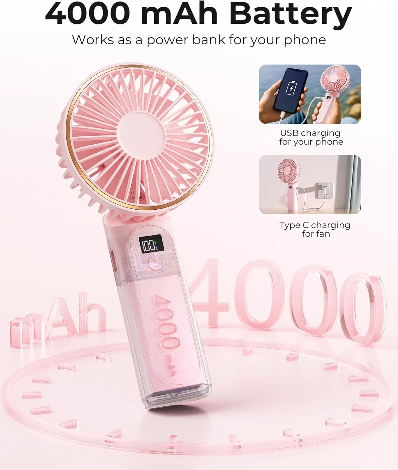 Portable Handheld Fan, Portable Fan Rechargeable, 4000mAh, 180° Adjustable, 6 Speed Wind, Display Electricity in Real Time, USB Rechargeable Foldable F an, Quiet Personal Fan as Power Bank New Era Fashion LLc