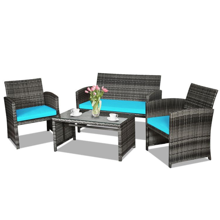 4 Pieces Patio Rattan Furniture Set with Glass Table and Loveseat New Era Fashion LLc