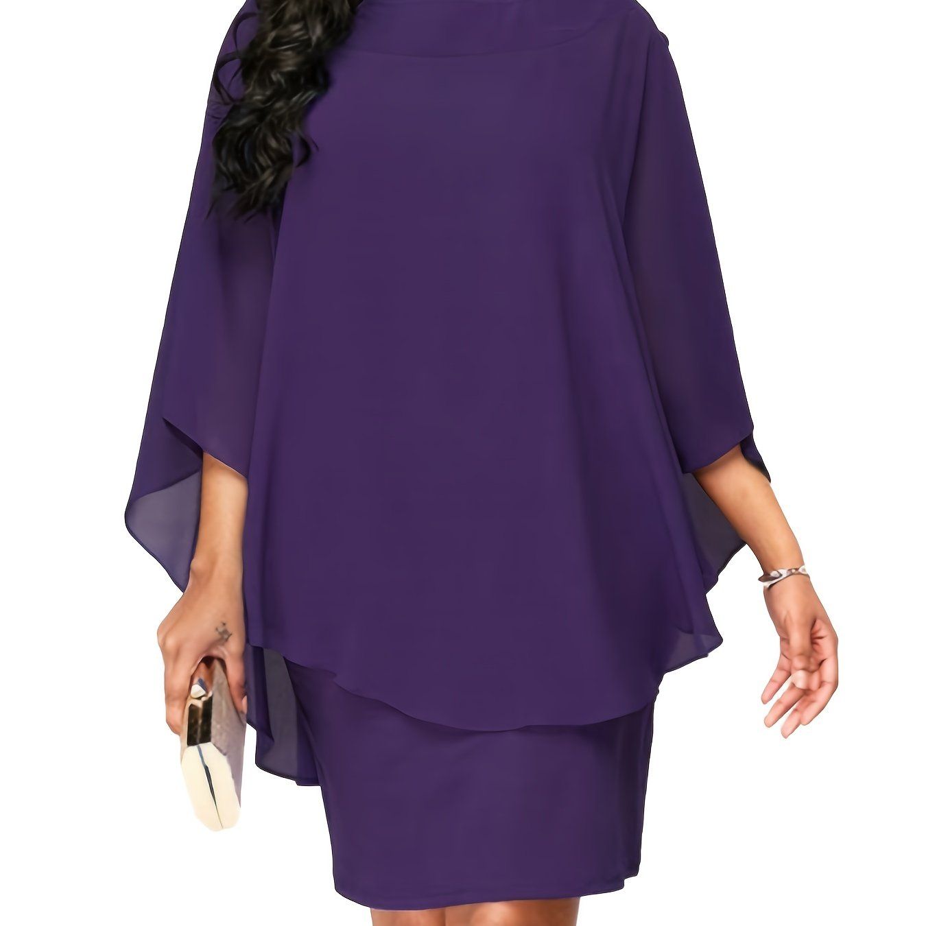 Plus Size Solid Round Neck 3/4 Sleeve Cape Midi Dress; Women's Plus Elegant Slight Stretch Cape Midi Dress New Era Fashion LLc