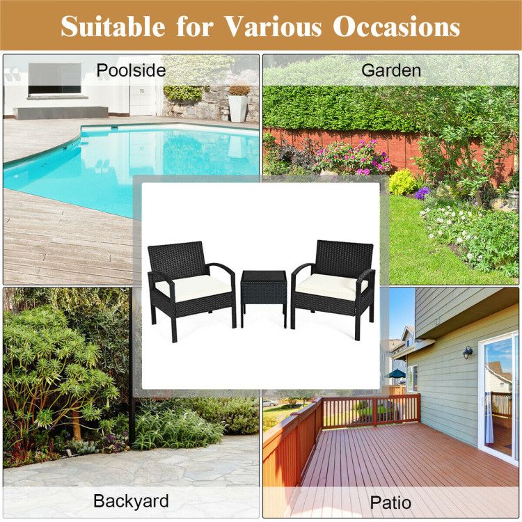 3 Pieces Outdoor Rattan Patio Conversation Set with Seat Cushions New Era Fashion LLc