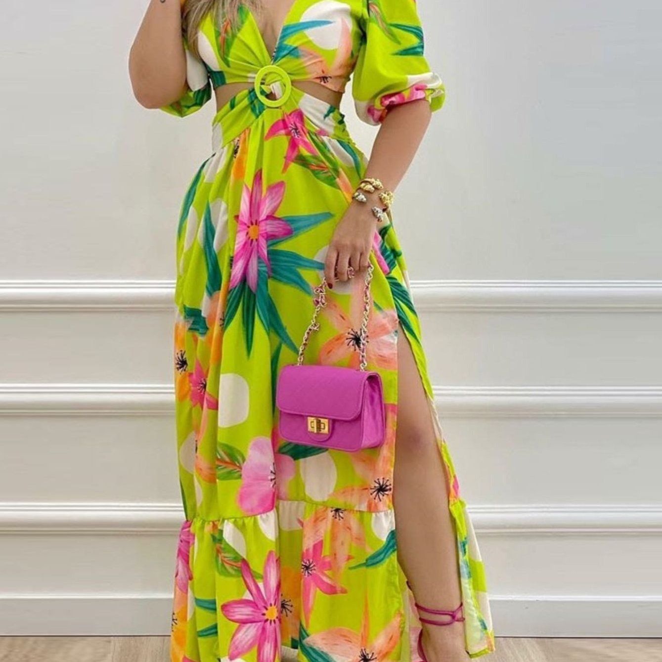 Women's Dresses V Neck Cutout Vintage Floral Print Long Dresses New Era Fashion LLc