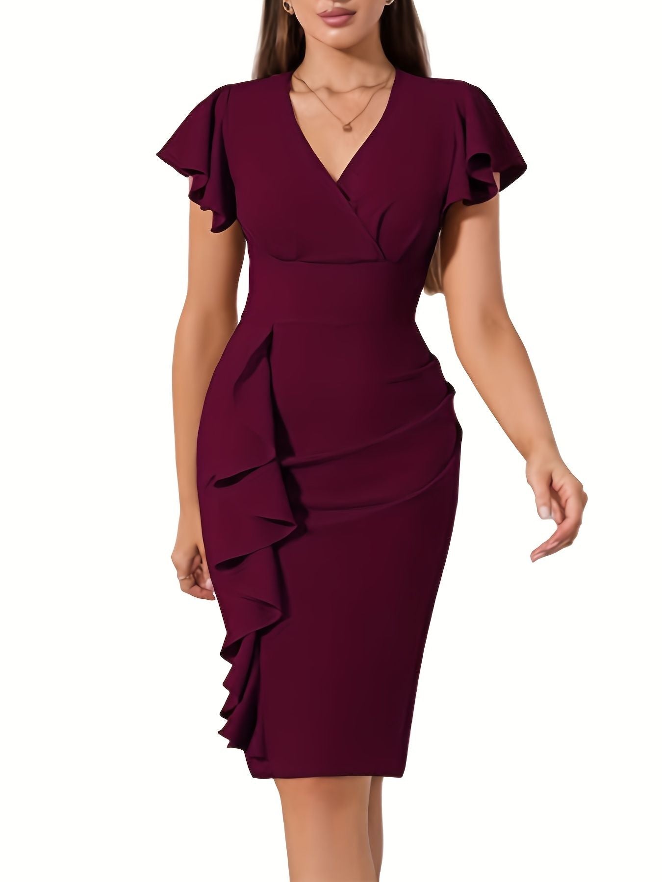 Ruffle Hem Bodycon Dress, Elegant V-neck Flutter Sleeve Dress, Women's Clothing New Era Fashion LLc