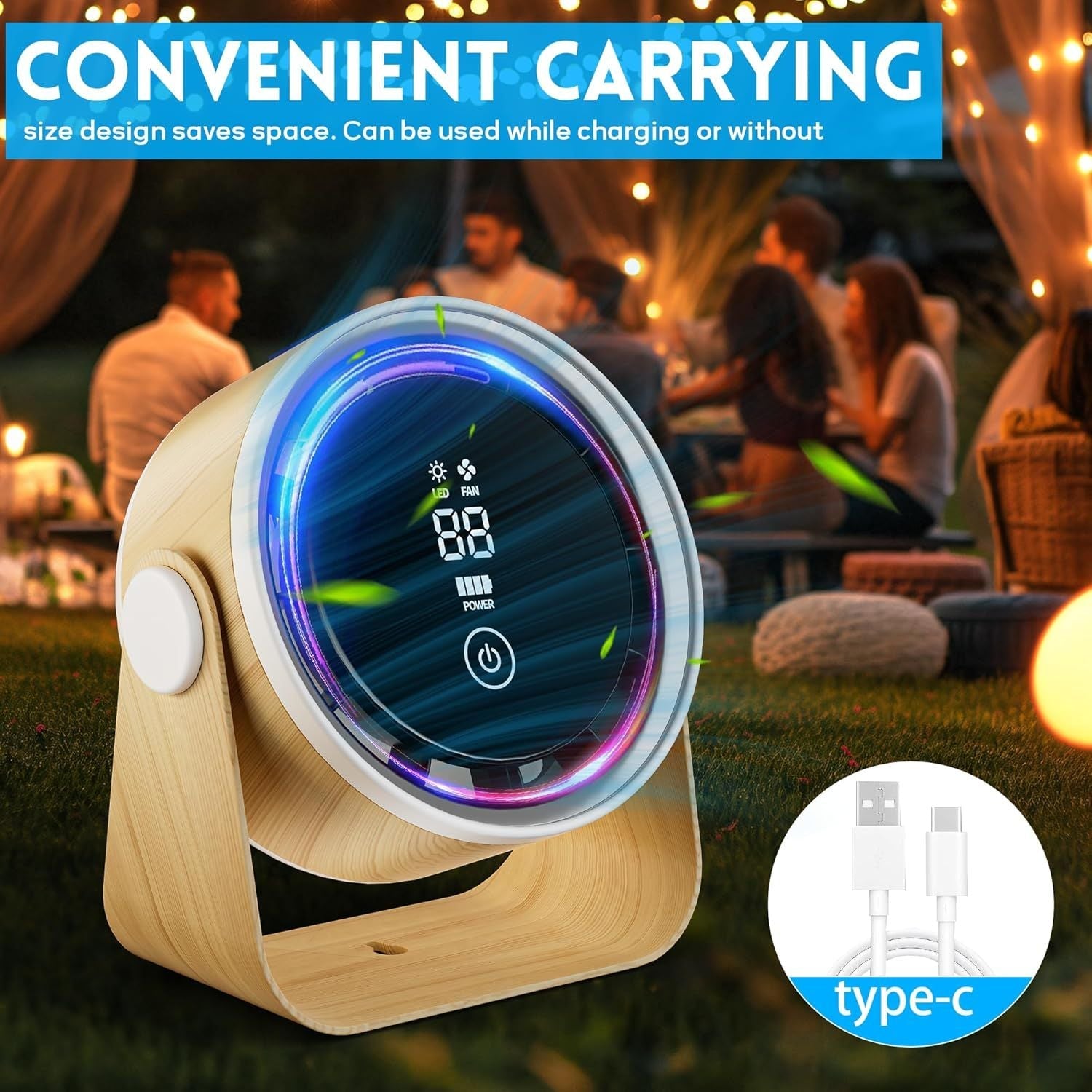Small Desk Fan 5000mAh Rechargeable Battery Powered -Retro Low Noise Quiet Portable Gentle Blowing with LED Night Light Office Bedroom Table Top Wall Hanging Kitchen Camping Dorm 5-Speed 360° Rotation New Era Fashion LLc