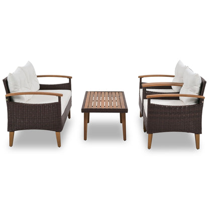 4-Piece Garden Furniture; Patio Seating Set; PE Rattan Outdoor Sofa Set; Wood Table and Legs; Brown and Beige New Era Fashion LLc