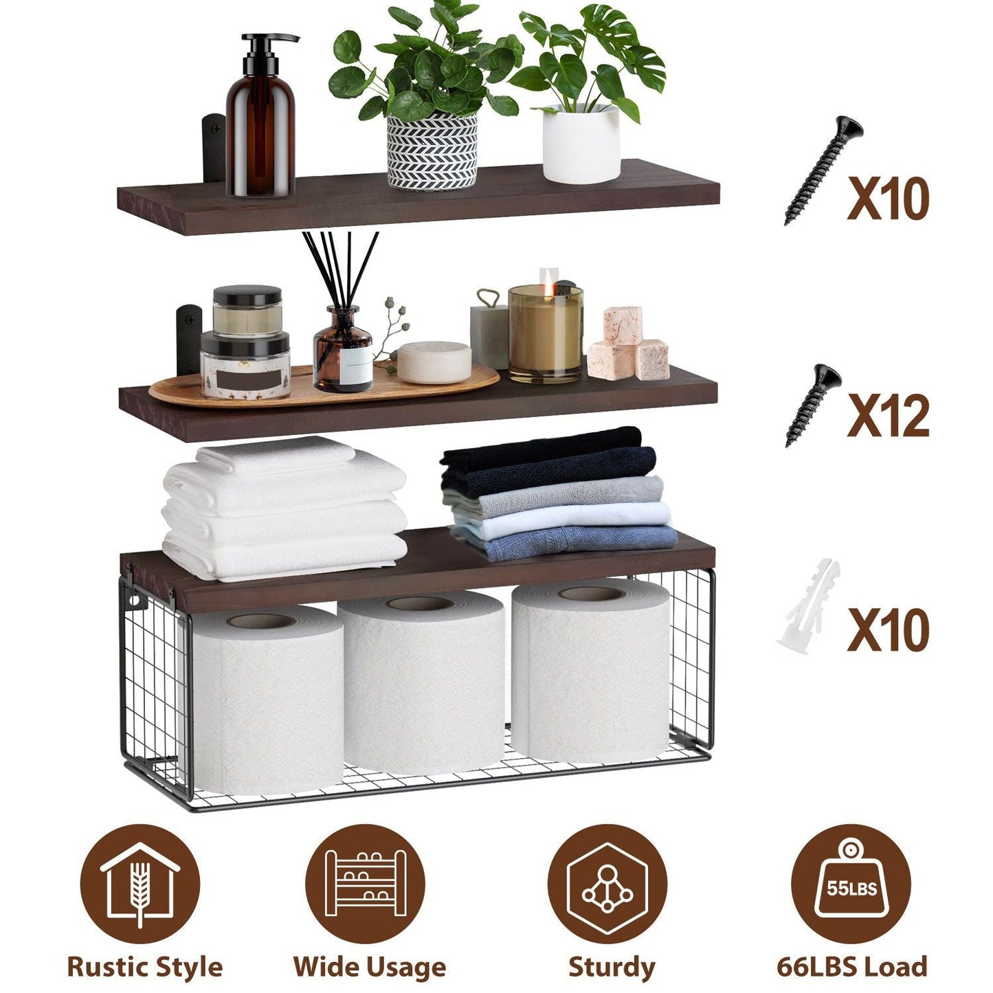 Rustic 2-in-1 Floating Shelves & Storage Basket - Durable Paulownia Wood, 66Lbs Capacity, Corrosion-Resistant Wall Decor New Era Fashion LLc