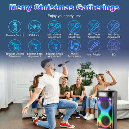 Portable Wireless Party Speaker with LED Light Wireless Mic Remote Control TWS Treble Bass Mic. Echo Music Accompany Mic. Priority Guitar In New Era Fashion LLc