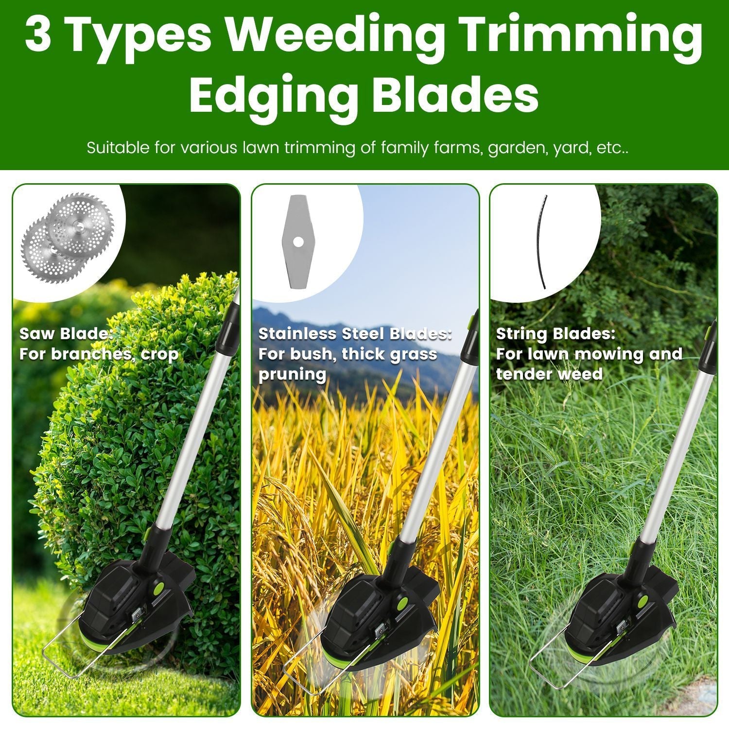 21V Electric Weed Edger Cordless String Trimmer Grass Mower Eater Bush Cutter with 16800RPM 2x 3000mAh Batteries 3.6-4.6FT Length 90° Rotatable Angle Saw Blade Steel Blade String Blade New Era Fashion LLc